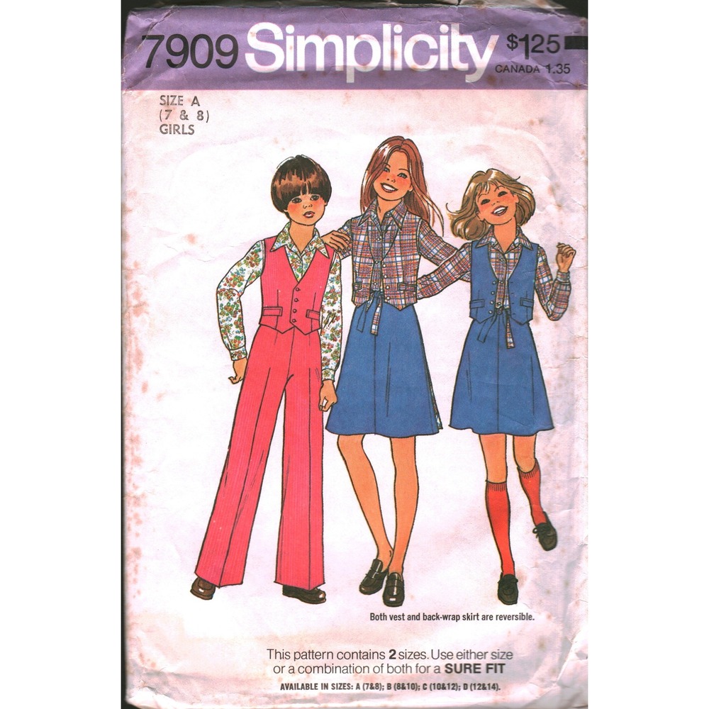 Vintage Simplicity 7909 Girls‎ Sewing Pattern Size 7 8 Pants Vest Skirt Shirt